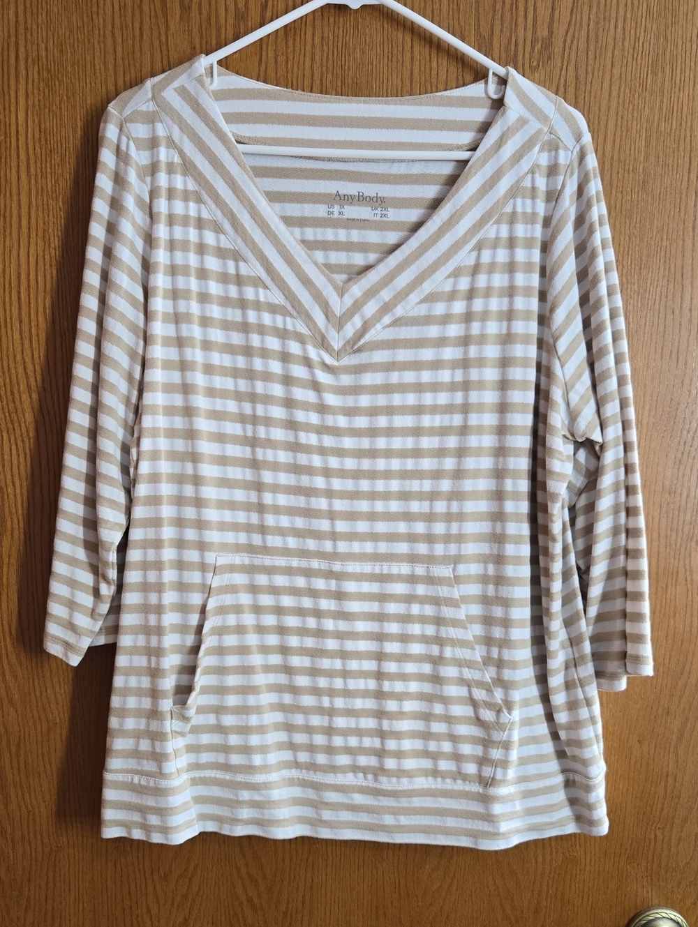 AnyBody Beige and White Striped V-Neck Top